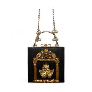 3D Cherub Emblem Baroque Style Black and Gold Mini Bag w/ Pearl Strap